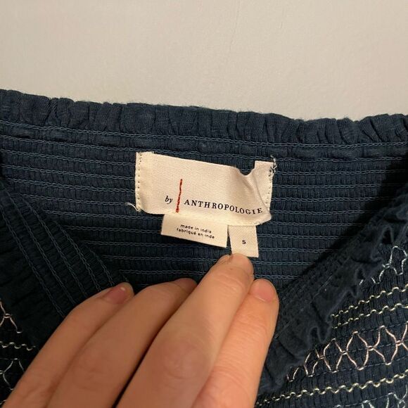 Anthropologie Women’s Small Smocked Embroidered Sequins Puff Sleeve Blue Top - Picture 8 of 11